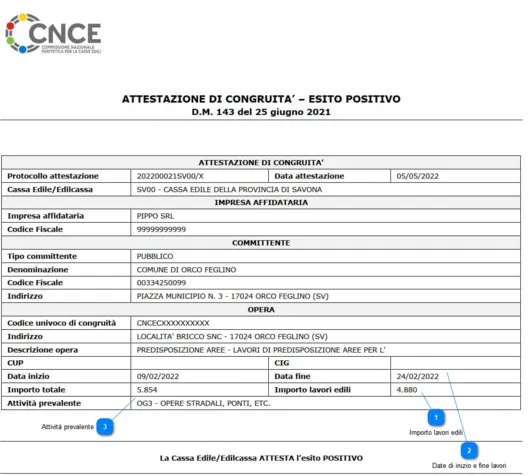 esempio attestato di congruita positivo